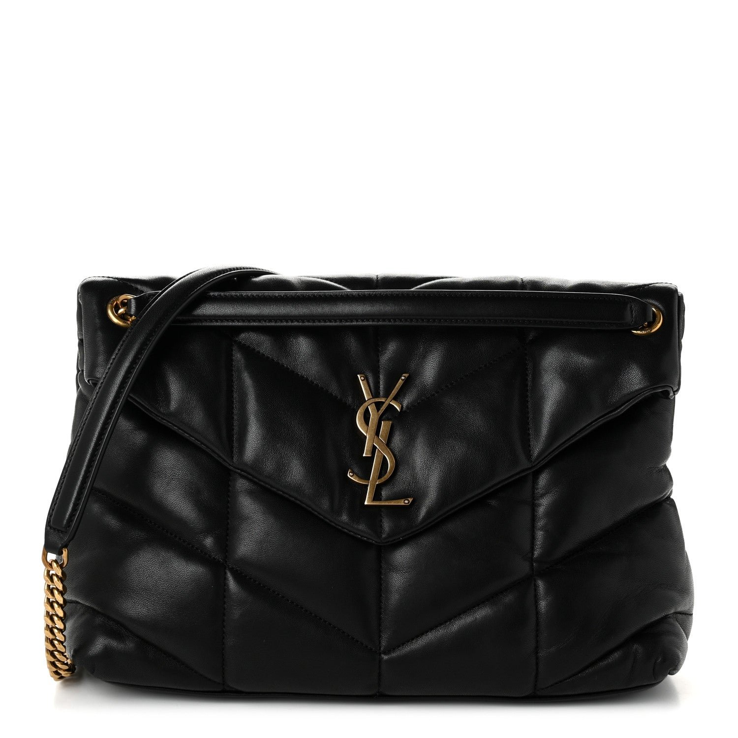 Saint Laurent Lambskin Quilted Medium Loulou Puffer Monogram Chain Satchel Black