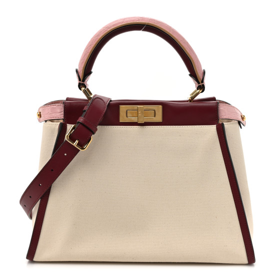 Fendi Canvas Calfskin Crocodile Embossed Medium Peekaboo Iconic Satchel Grezzo Barolo Bubblegum