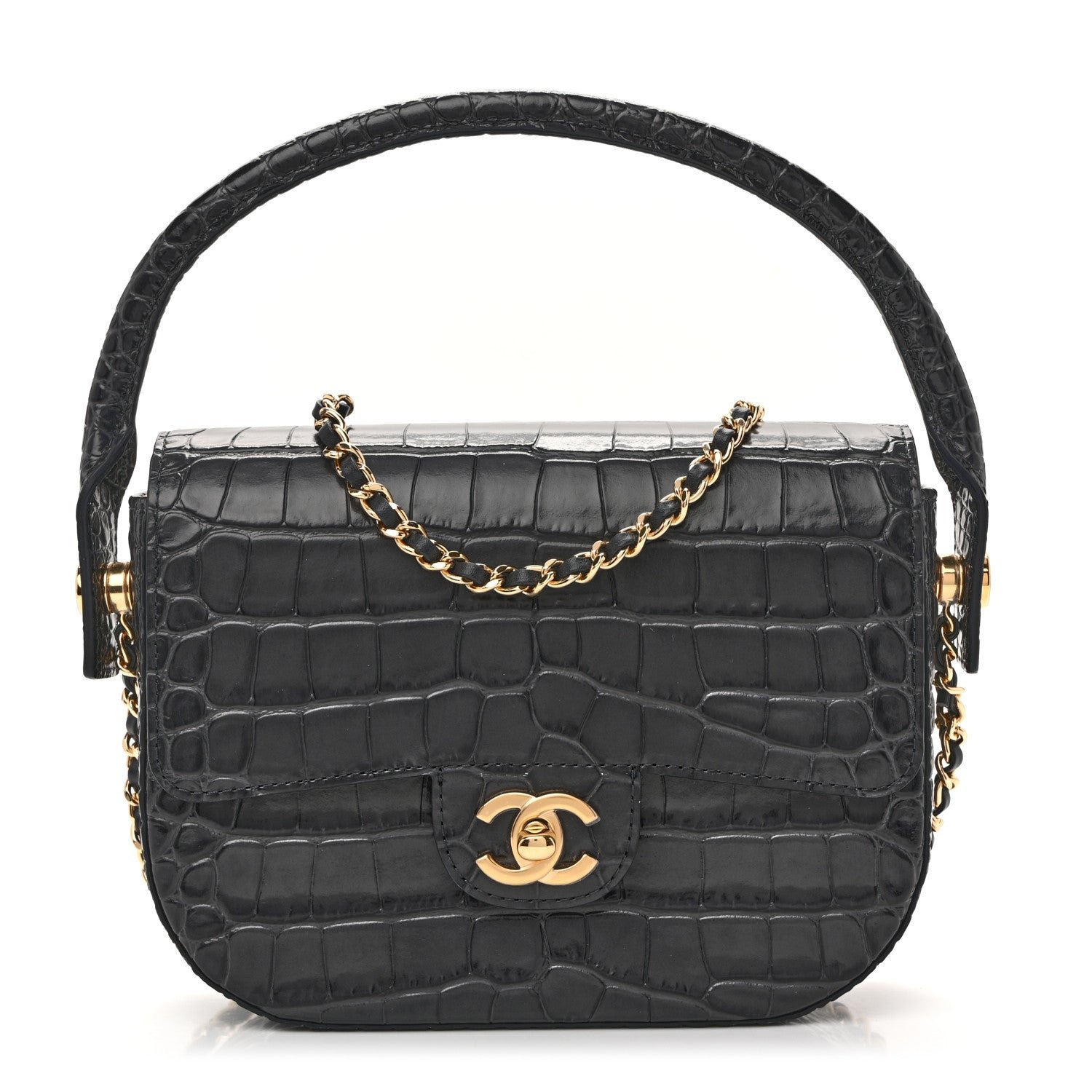 Chanel Calfskin Crocodile Embossed Turn Around Mini Flap Dark Grey