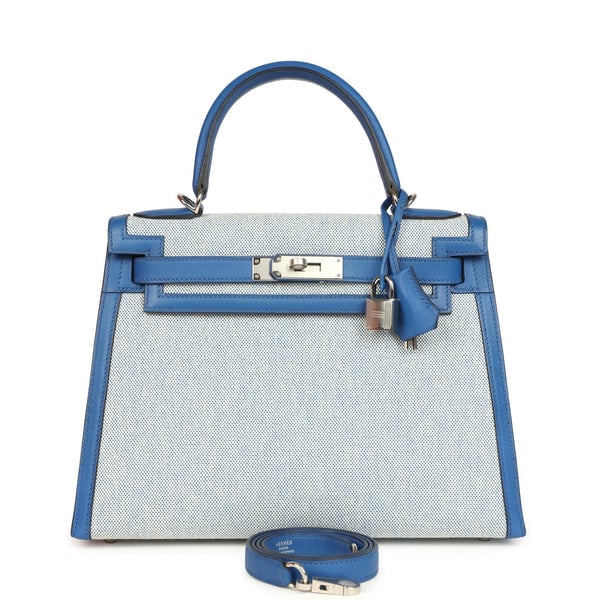 Hermes Pre-owned Hermes Kelly Sellier 28 Bleu France Swift and Ecru-Bleu Bill Toile H Canvas Palladium Hardware