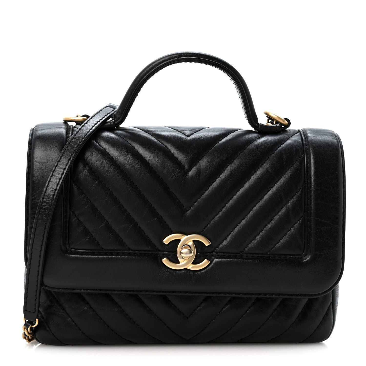 Chanel Calfskin Chevron Quilted Top Handle Flap Black