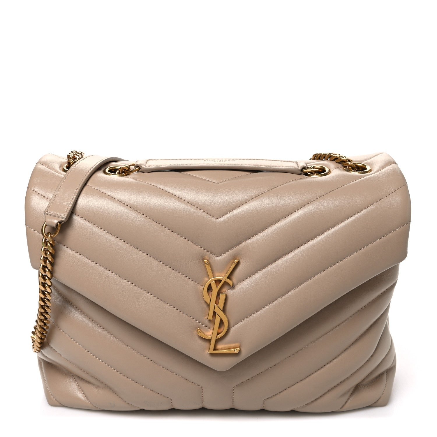 Saint Laurent Calfskin Y Quilted Monogram Medium Loulou Chain Satchel Dark Beige