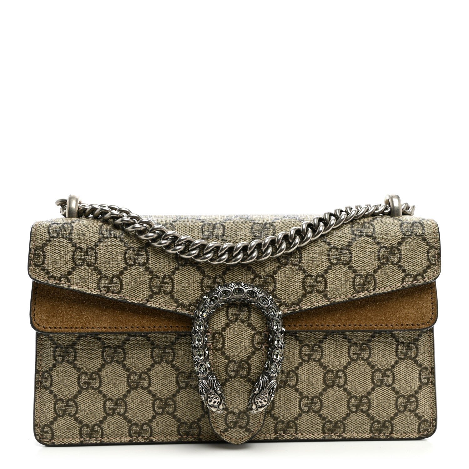 Gucci GG Supreme Monogram Suede Crystal Small Dionysus Shoulder Bag Beige Ebony Taupe