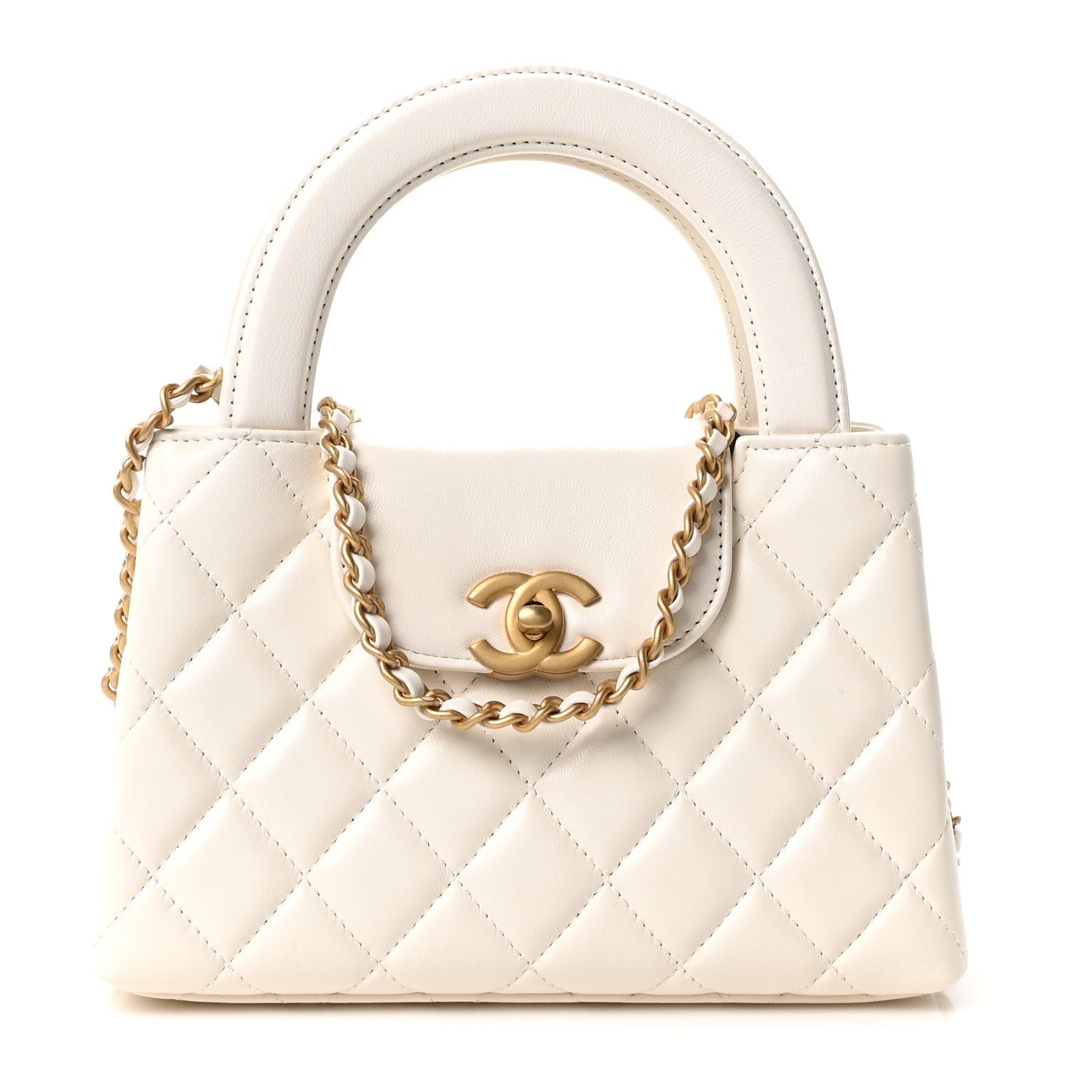 Chanel Shiny Aged Calfskin Quilted Nano Kelly Shopper White