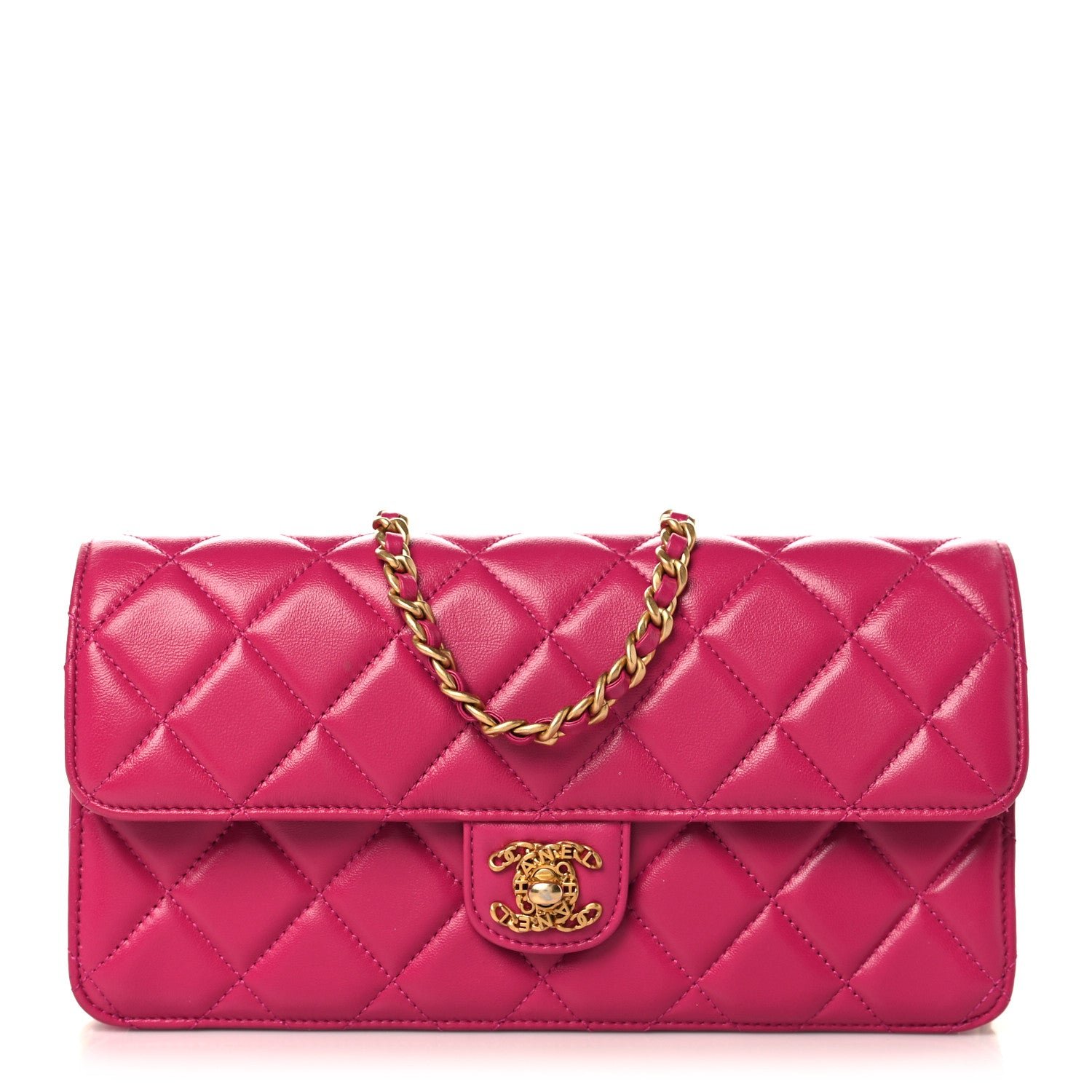 Chanel Shiny Lambskin Quilted Flap Clutch Bag Dark Pink