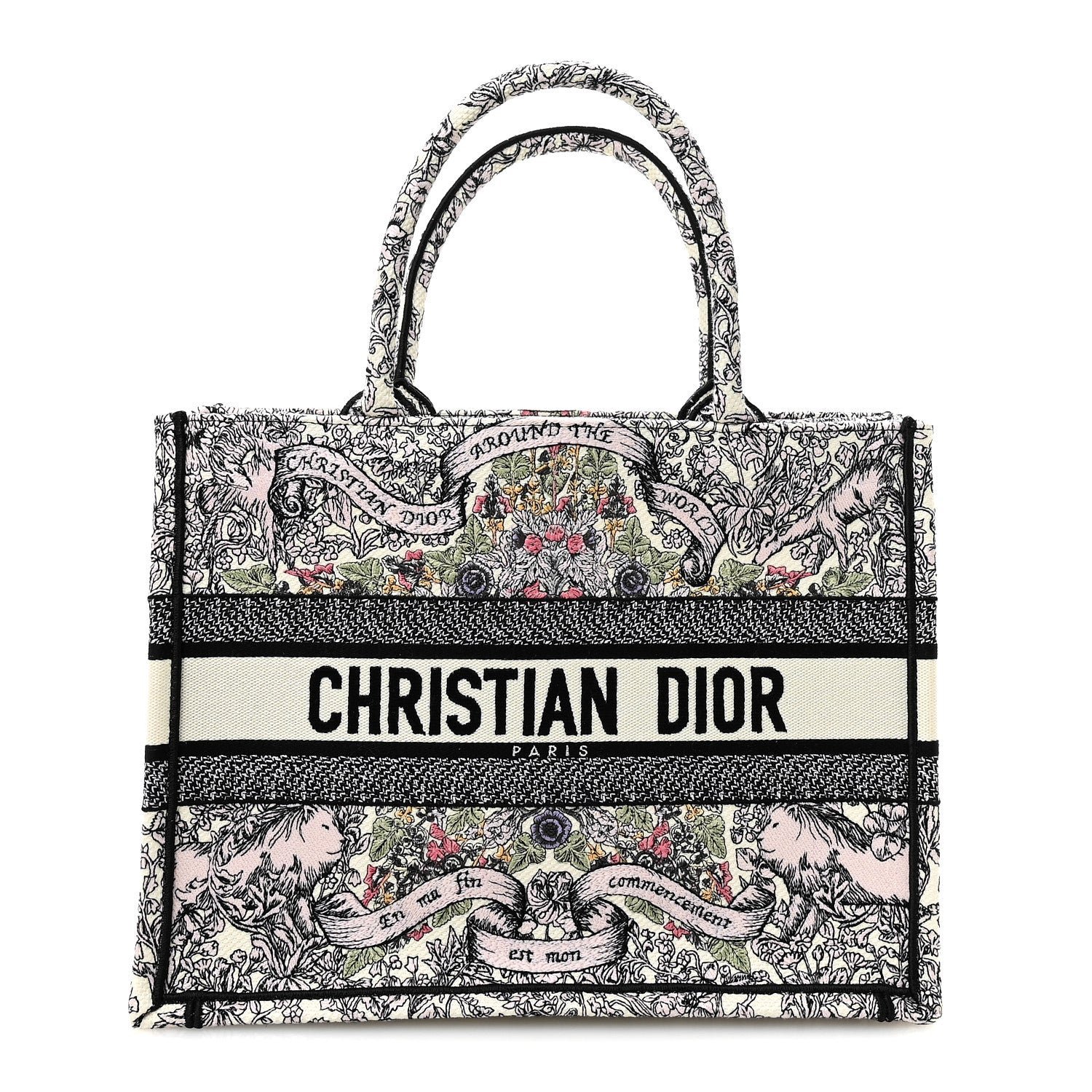 Christian Dior Canvas Embroidered Medium Around The World Book Tote White Multicolor