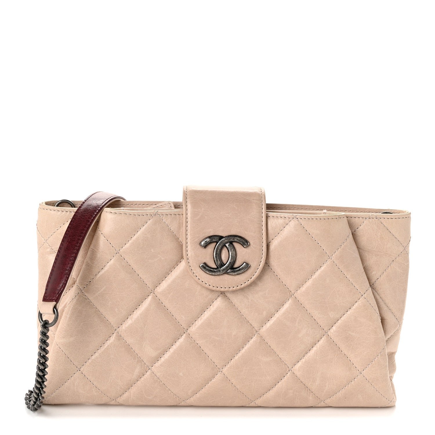 Chanel Glazed Calfskin Quilted Coco Pleats Chain Clutch Beige
