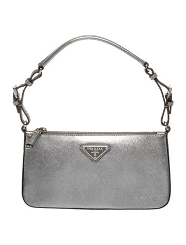 Prada Enameled Metal Triangle Saffiano Zip Pochette
