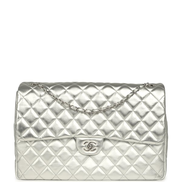 Chanel XXL Classic Single Flap Bag Silver Metallic Lambskin Silver Hardware