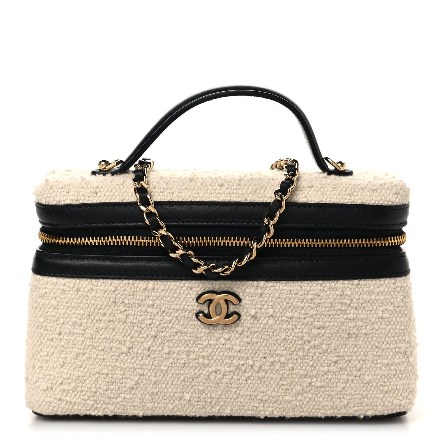 Chanel Boucle Calfskin Top Handle Slim Vanity Case With Chain Ecru Black