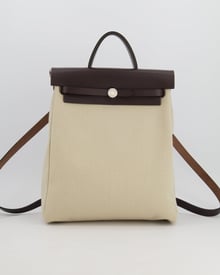Hermes Hermès Herbag Backpack Bag in Beige Canvas and Brown Leather with Palladium Hardware
