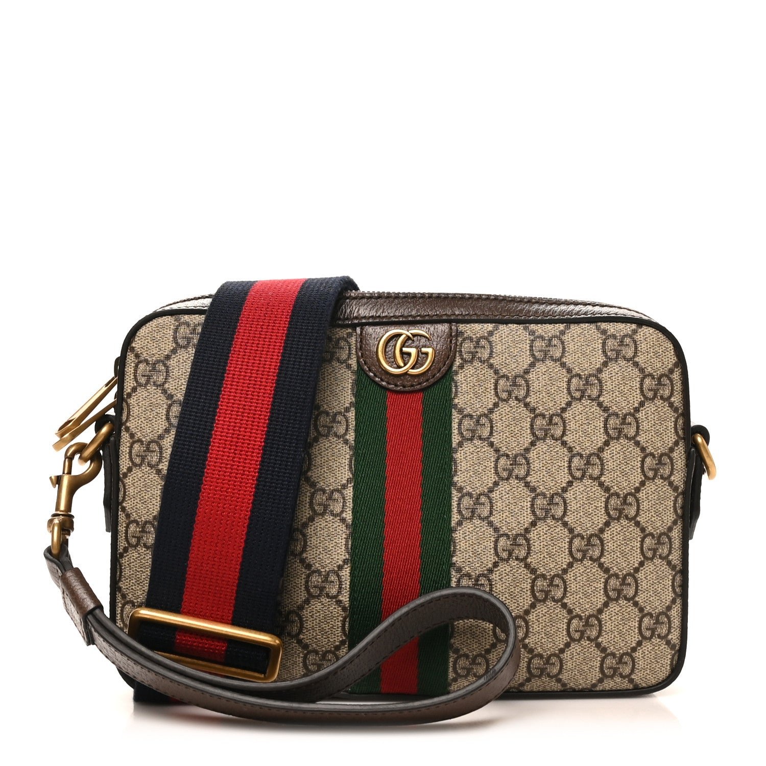 Gucci GG Supreme Monogram Textured Dollar Calfskin Web Ophidia Wristlet Shoulder Bag Beige Ebony New Acero