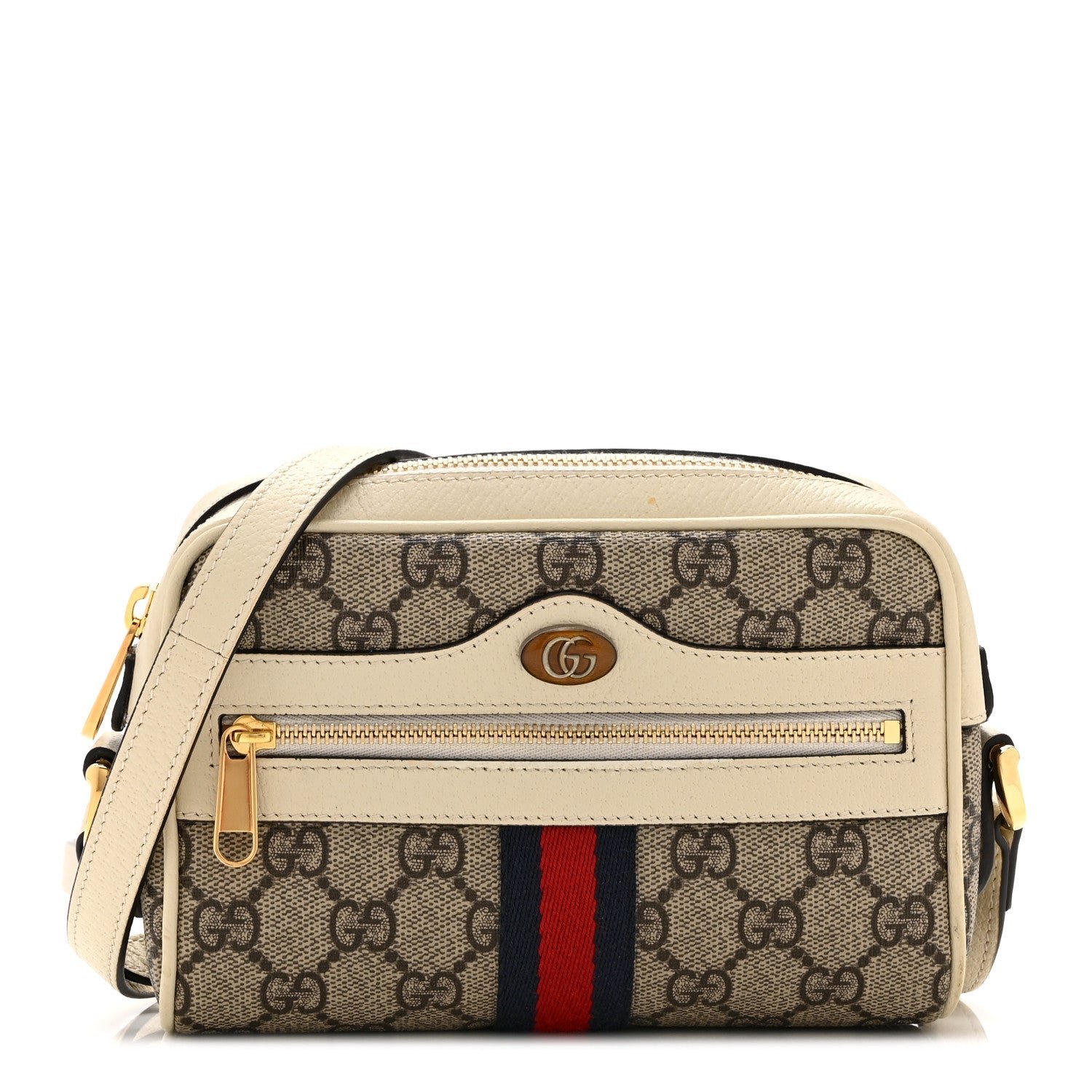 Gucci GG Supreme Monogram Textured Calfskin Web Mini Ophidia Shoulder Bag Beige Ebony Mystic White