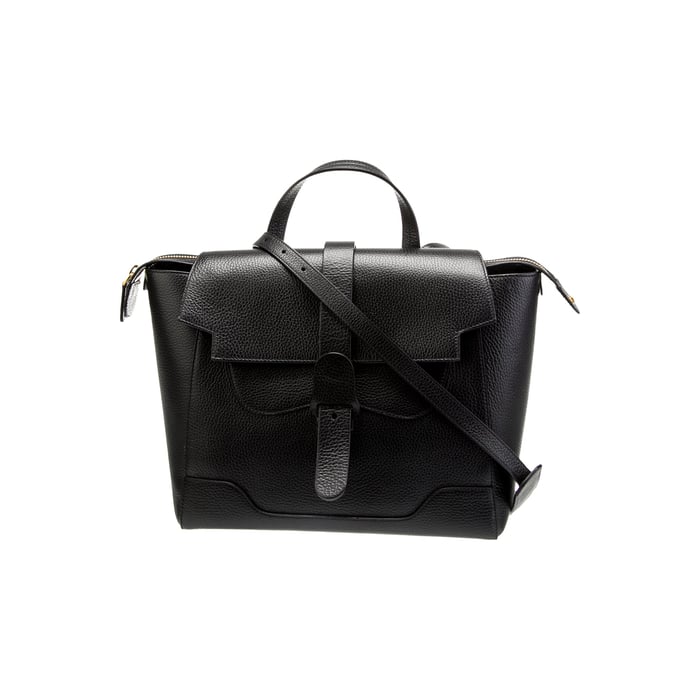 Senreve Maestra in black leather with the long adjustable strap attached for crossbody carry