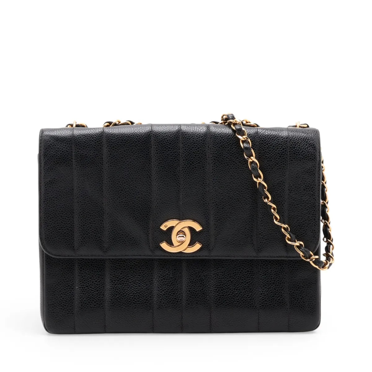 Chanel Mademoiselle Caviar Skin Single Flap Double Chain Bag Black Gold Metal Fi