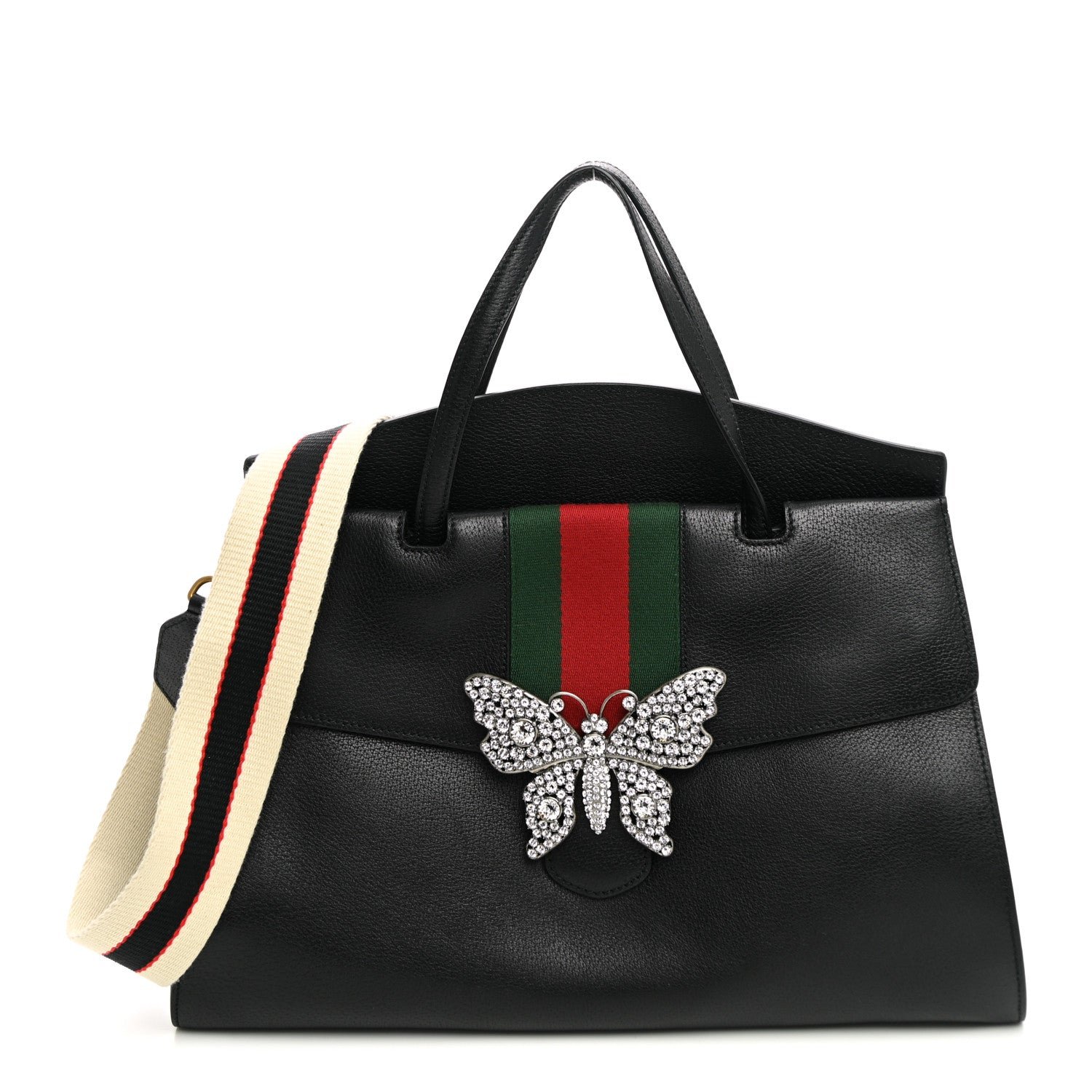 Gucci Grained Calfskin Web Crystal Butterfly Stripe Large Totem Top Handle Bag Black
