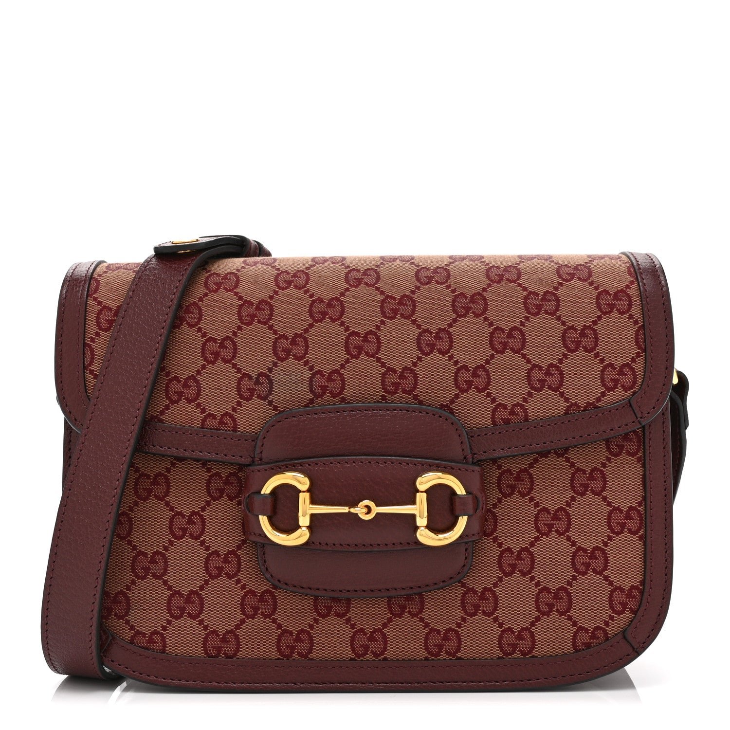 Gucci Monogram Textured Dollar Calfskin Horsebit 1955 Shoulder Bag Sahara Rubino Chardonnay