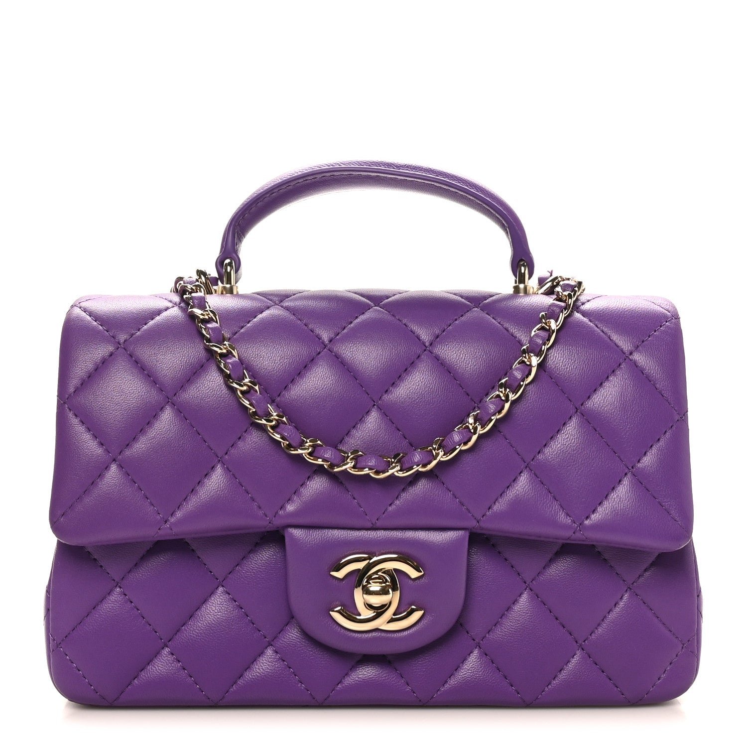 Chanel Lambskin Quilted Mini Top Handle Rectangular Flap Dark Purple