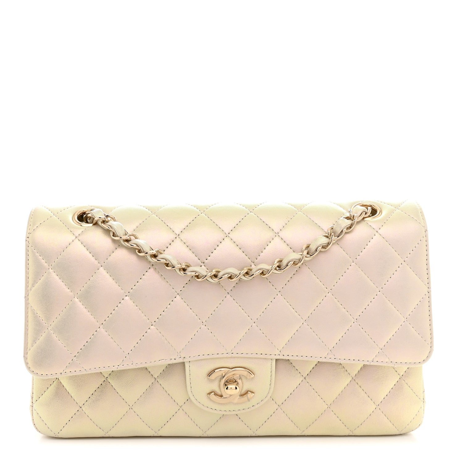 Chanel Iridescent Lambskin Quilted Medium Double Flap Ivory Ivory