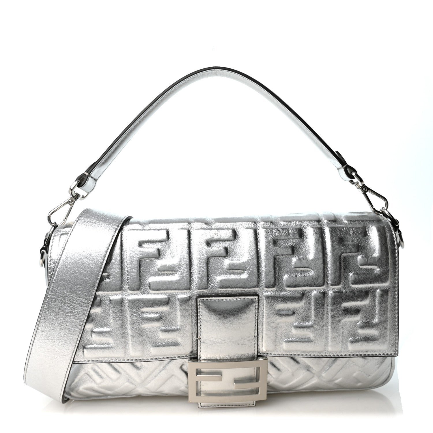 Fendi Vitello Catalan Mirror FF 1974 Embossed Large Baguette Argento
