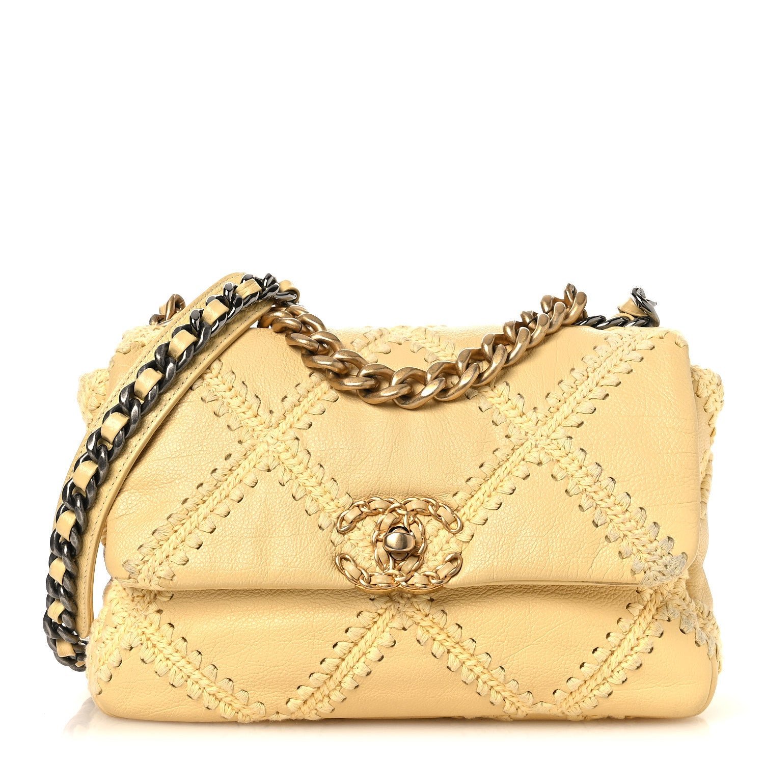 Chanel Calfskin Crochet Medium Chanel 19 Flap Yellow