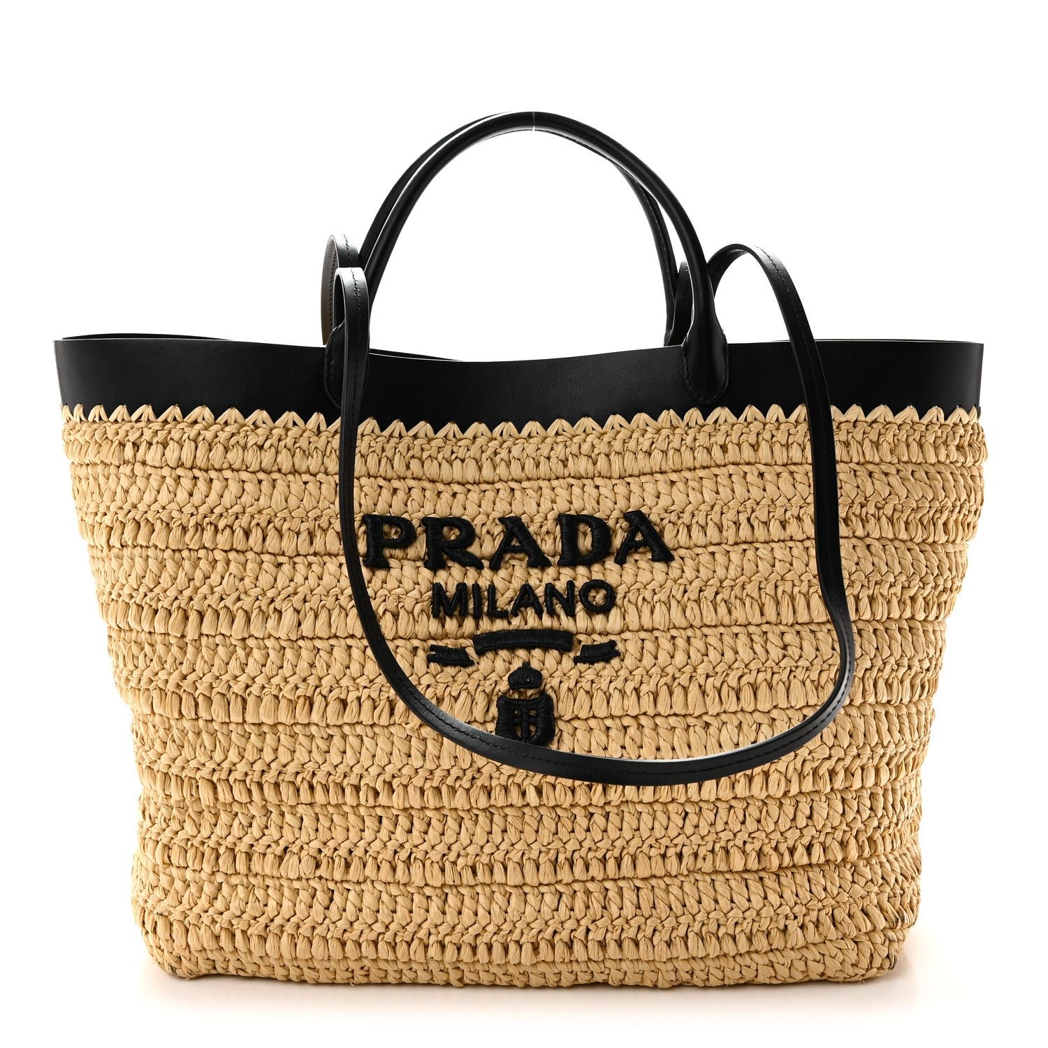 Prada Yarn Raffia Effect Calfskin Crochet Embroidered Logo Tote Tan Black