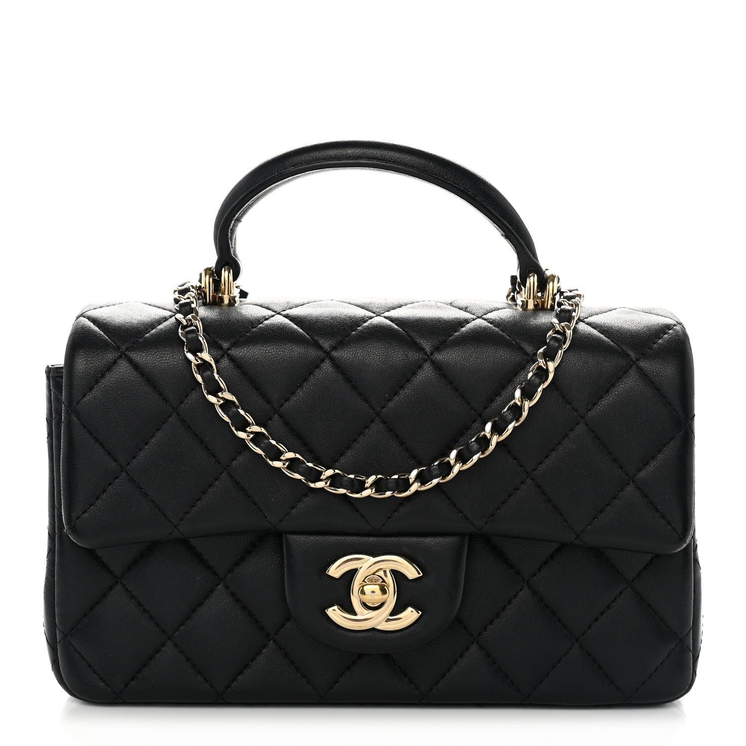 Chanel Lambskin Quilted Mini Top Handle Rectangular Flap Black