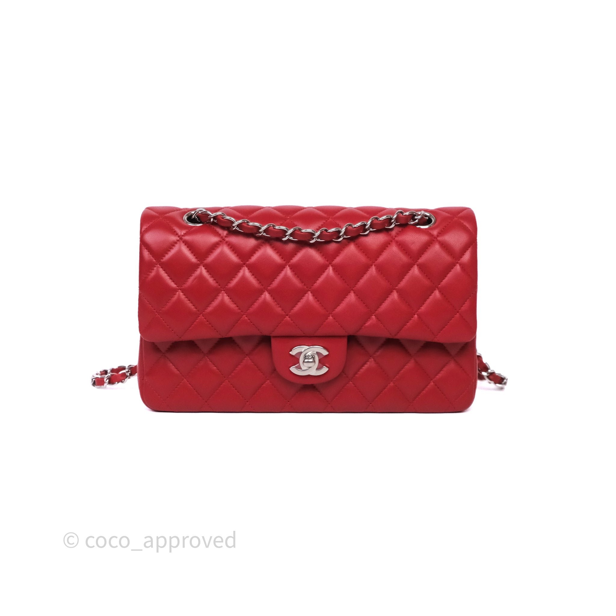 Chanel Classic M/L Medium Flap Quilted Red Lambskin Silver Hardware