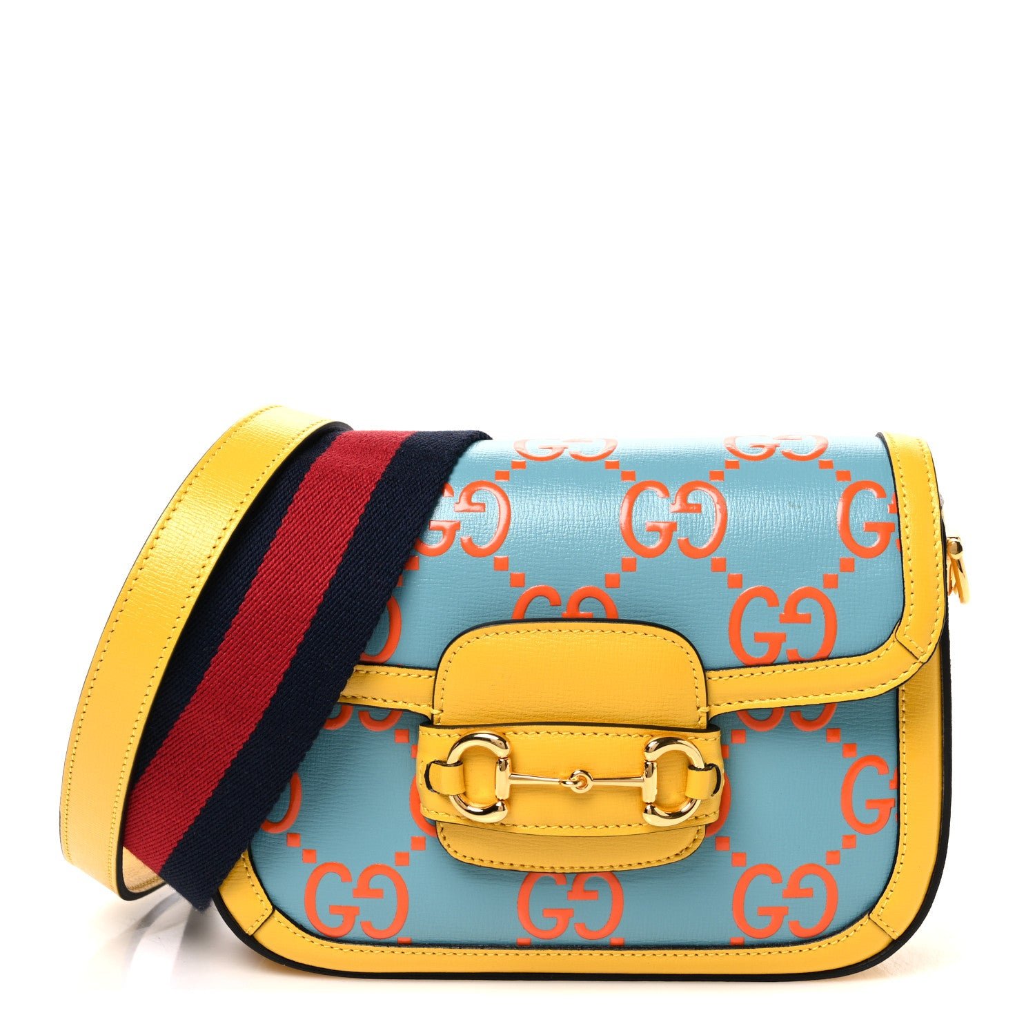 Gucci Azalea Calfskin GG Monogram Bi-Color Debossed Horsebit 1955 Shoulder Bag Dusty Azure Stone Topaz Deep Orange