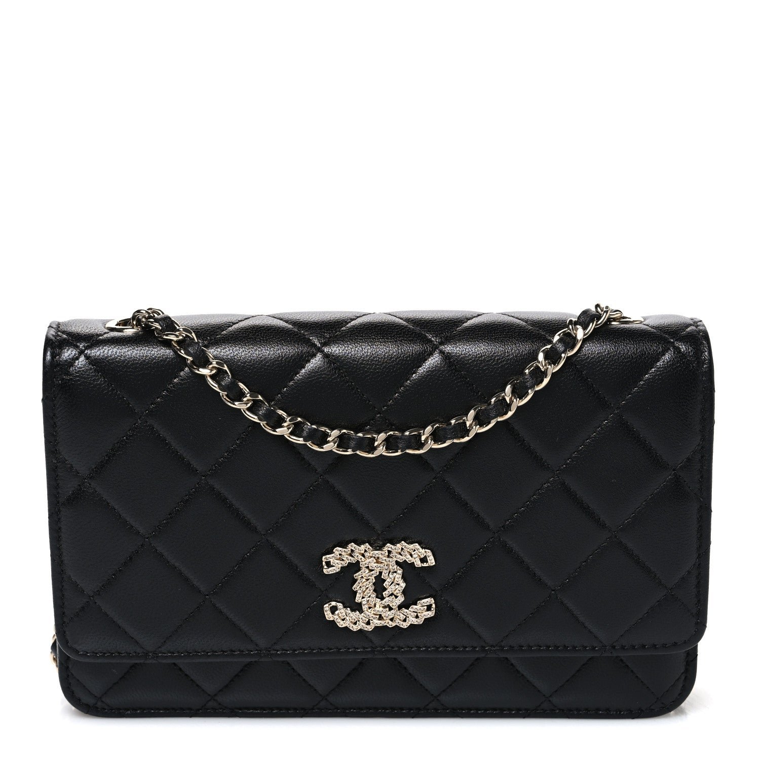 Chanel Lambskin Quilted Crystal CC Wallet On Chain WOC Black