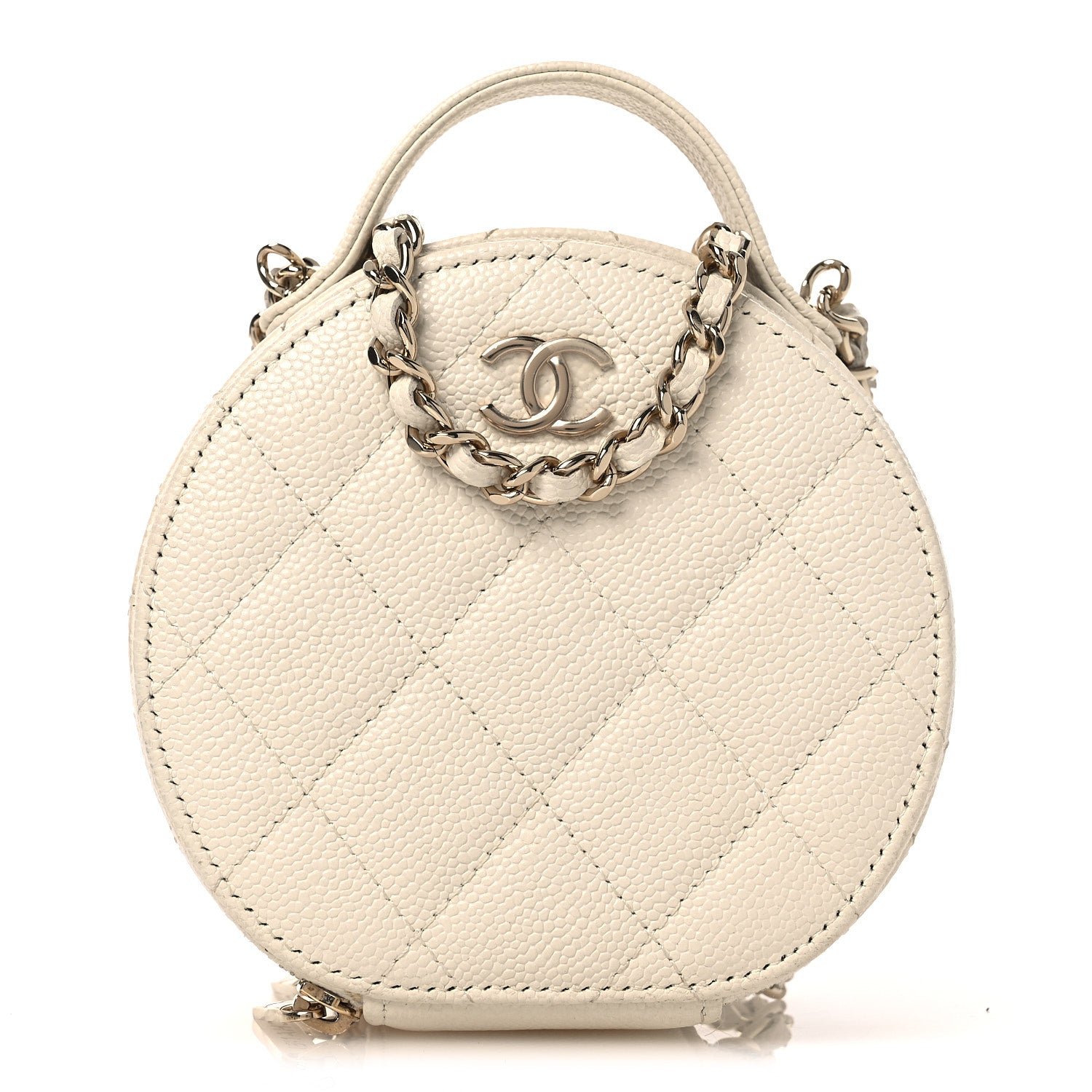 Chanel Caviar Quilted Round Handle With Care Vanity With Chain White