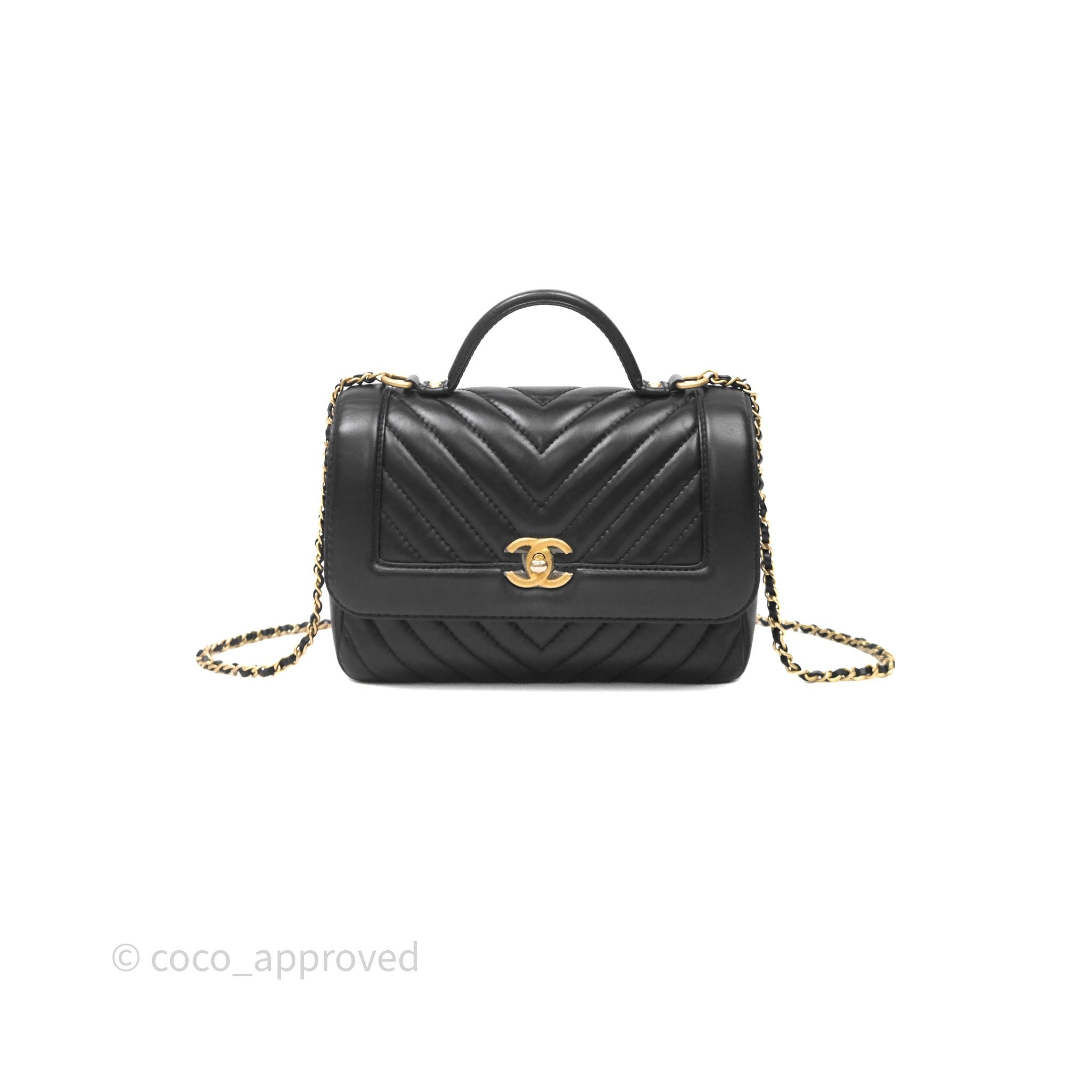 Chanel Chevron Top Handle Flap Bag Black Calfskin Aged Gold hardware