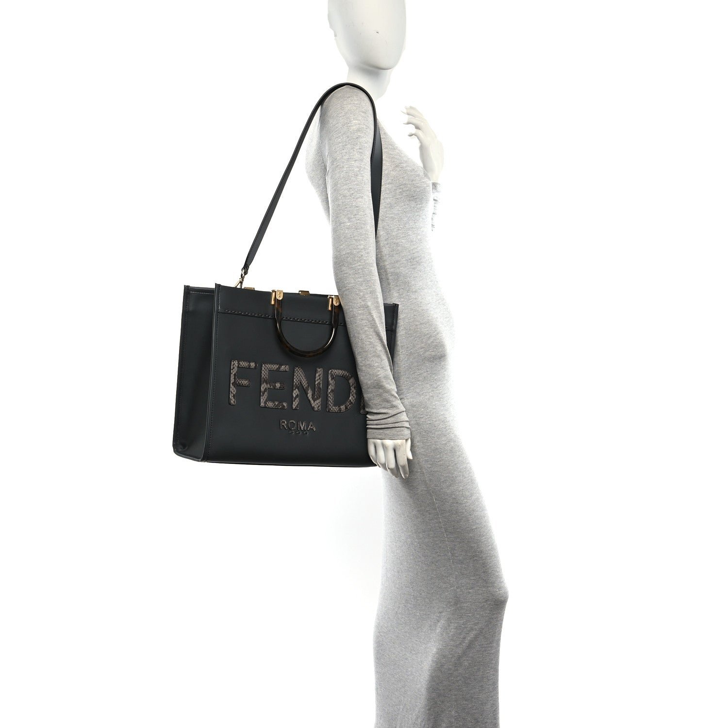 Fendi Vitello King Plexiglass Elaphe Python Print Logo Medium Fendi Sunshine Shopper Tote Dark Asphalt