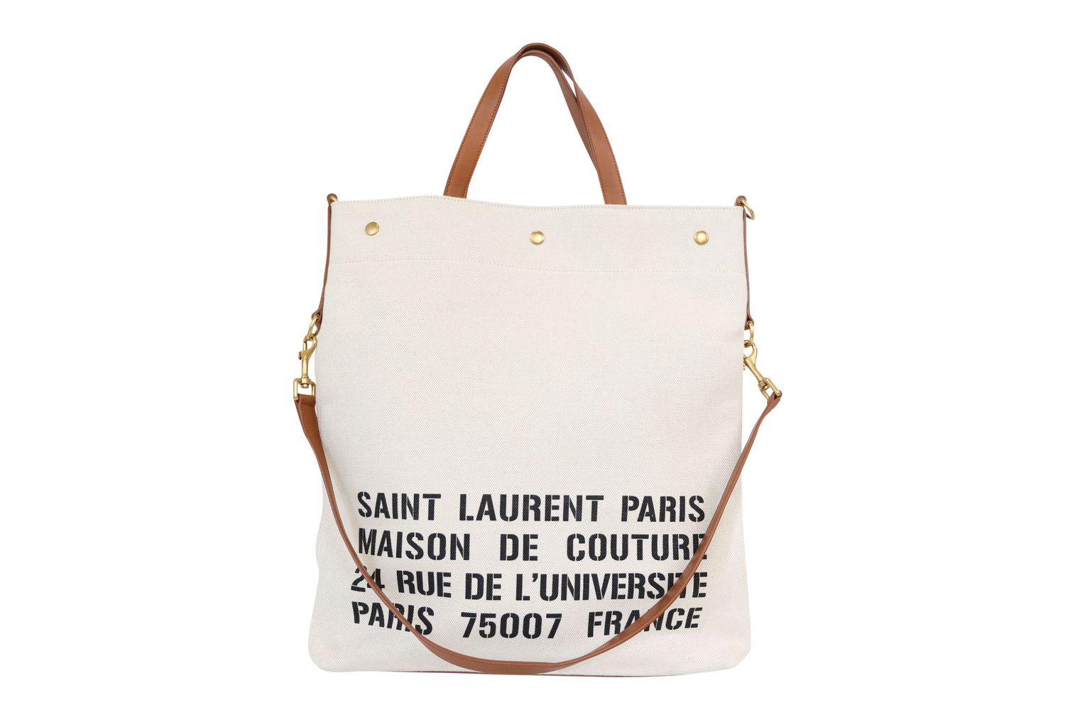 Saint Laurent Stencil Logo Tote Bag, Ecru Beige Canvas and Tan Leather with Gold Hardware, Preowned No Dustbag WA001