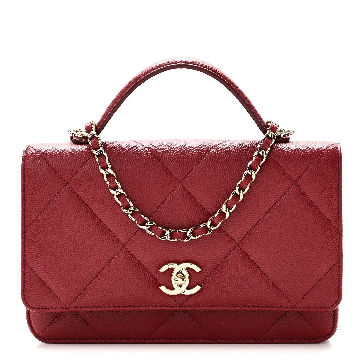 Chanel Shiny Caviar Quilted Turnlock Top Handle Wallet On Chain WOC Red