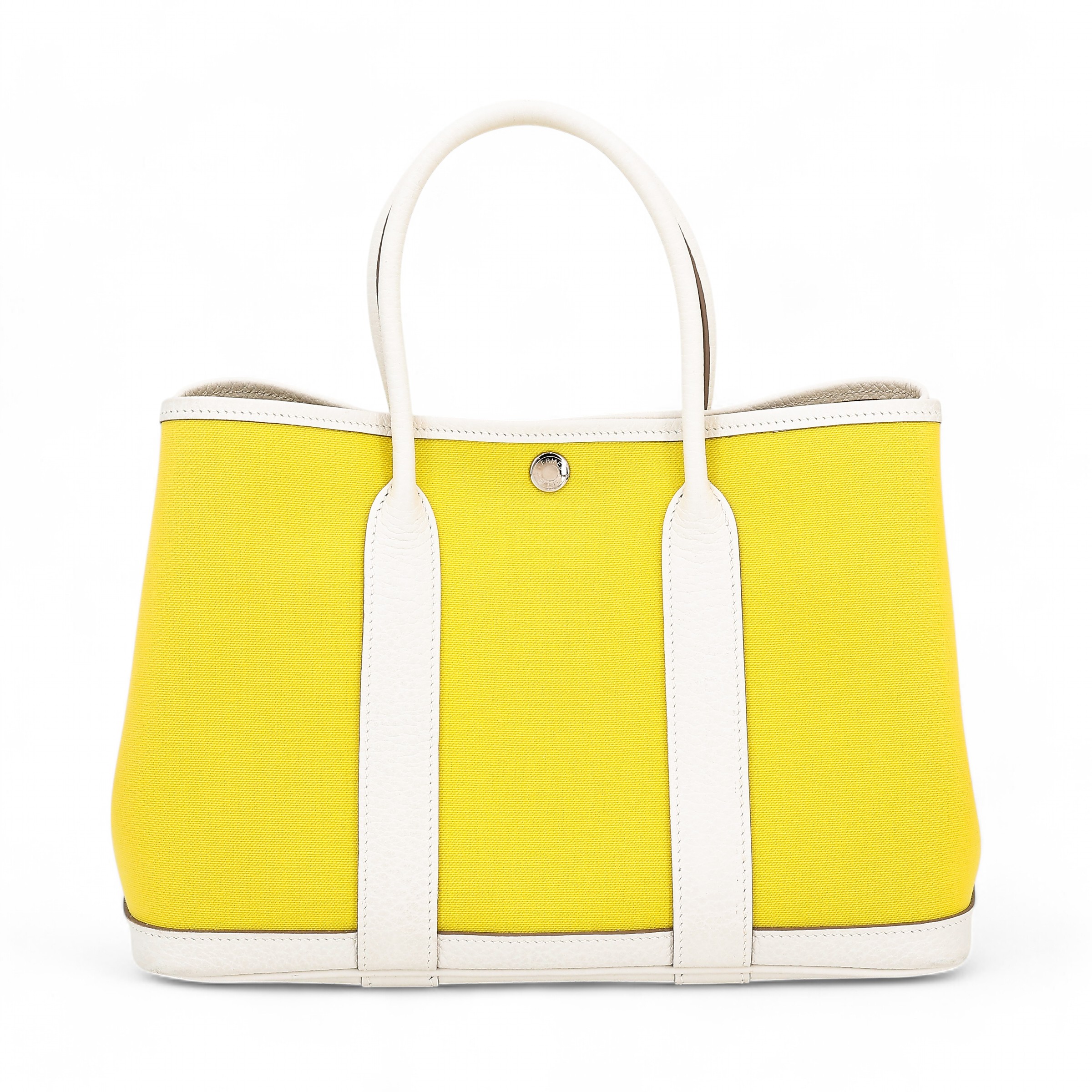 Very Good ( Rank A) HERMÈS Garden Party TPM White (01) Lime (9R) Canvas Negonda Palladium hardware Y (2020)