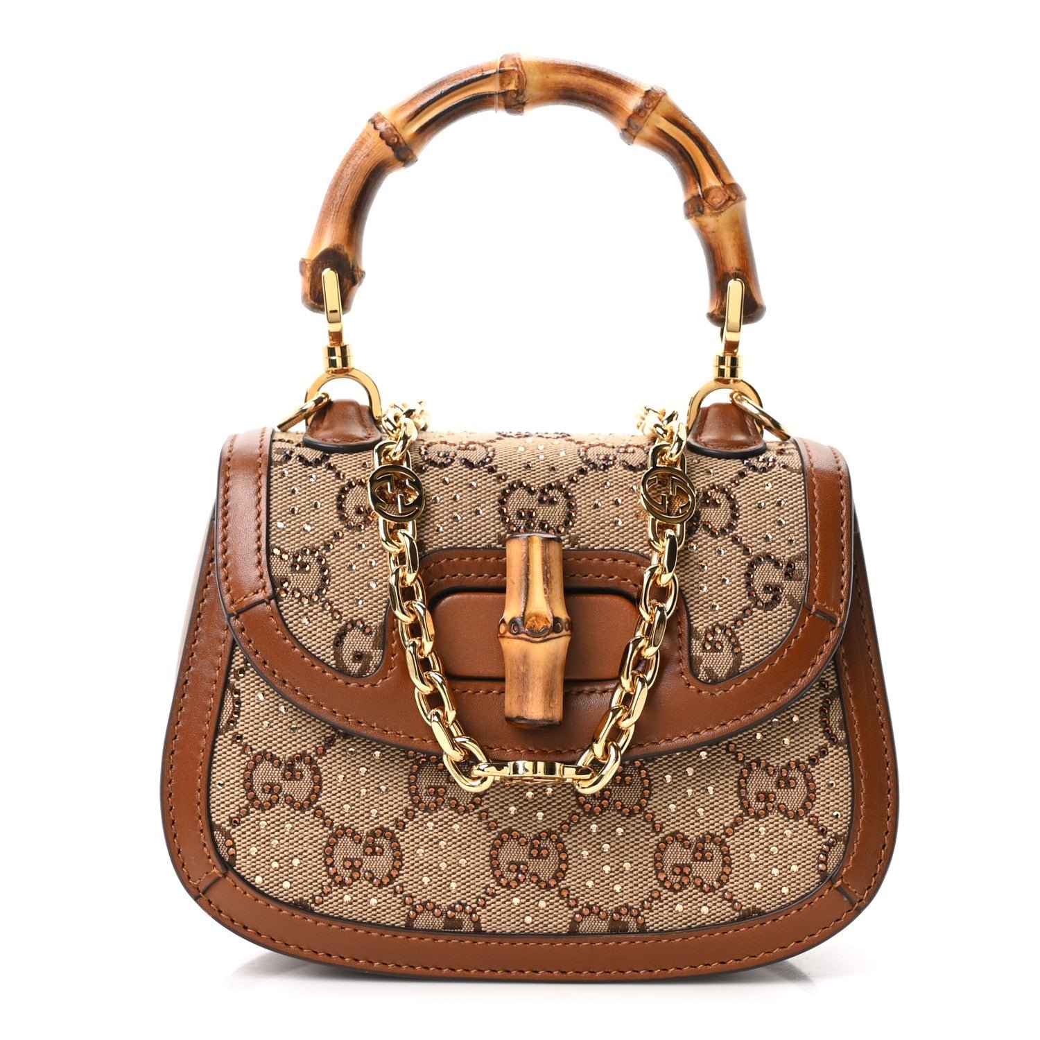 Gucci New Canvas Charisma Calfskin Crystal GG Monogram Small Bamboo 1947 Top Handle Bag Camel Ebony