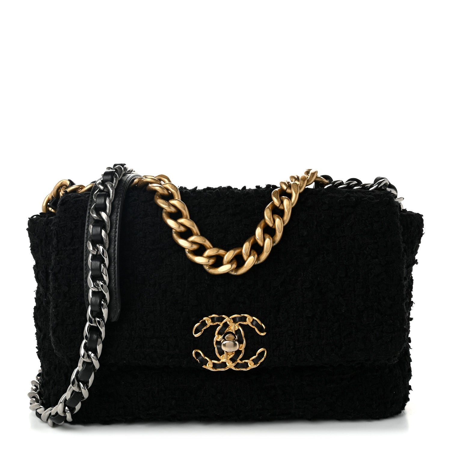 Chanel Tweed Quilted Medium Chanel 19 Flap Black