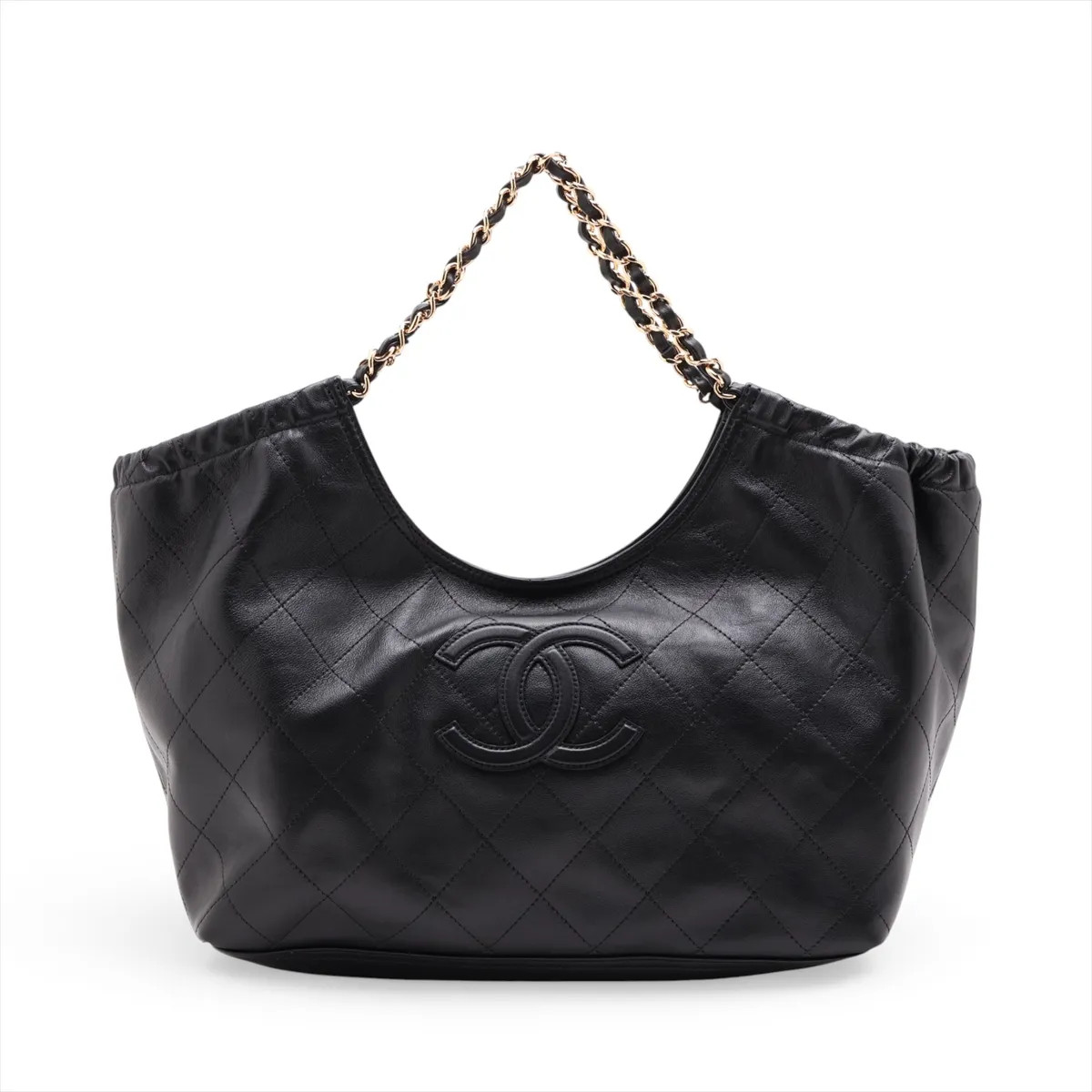 Chanel Matelasse Leather Chain Tote Bag Black Gold Metal Fittings random plate A