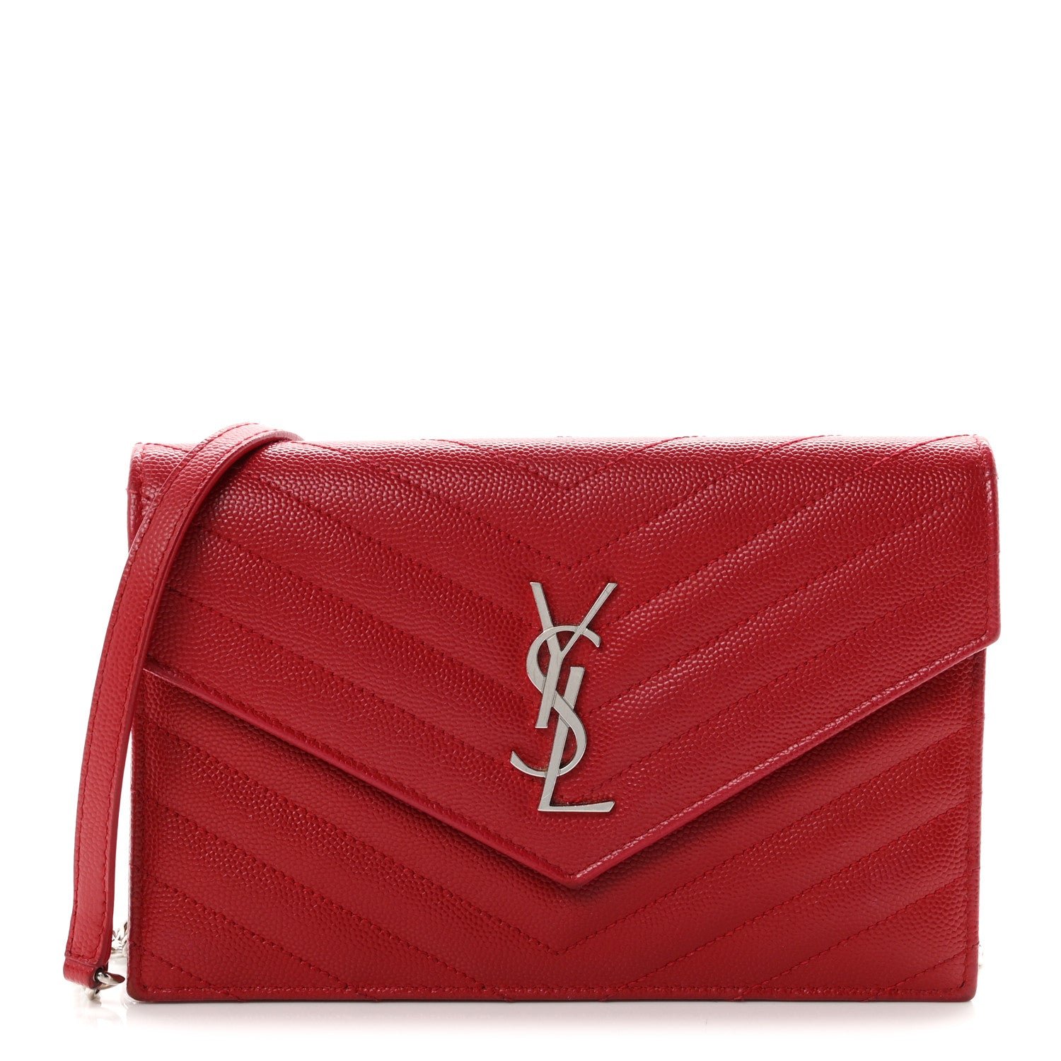 Saint Laurent Grain De Poudre Matelasse Chevron Monogram Envelope Chain Wallet  New Red