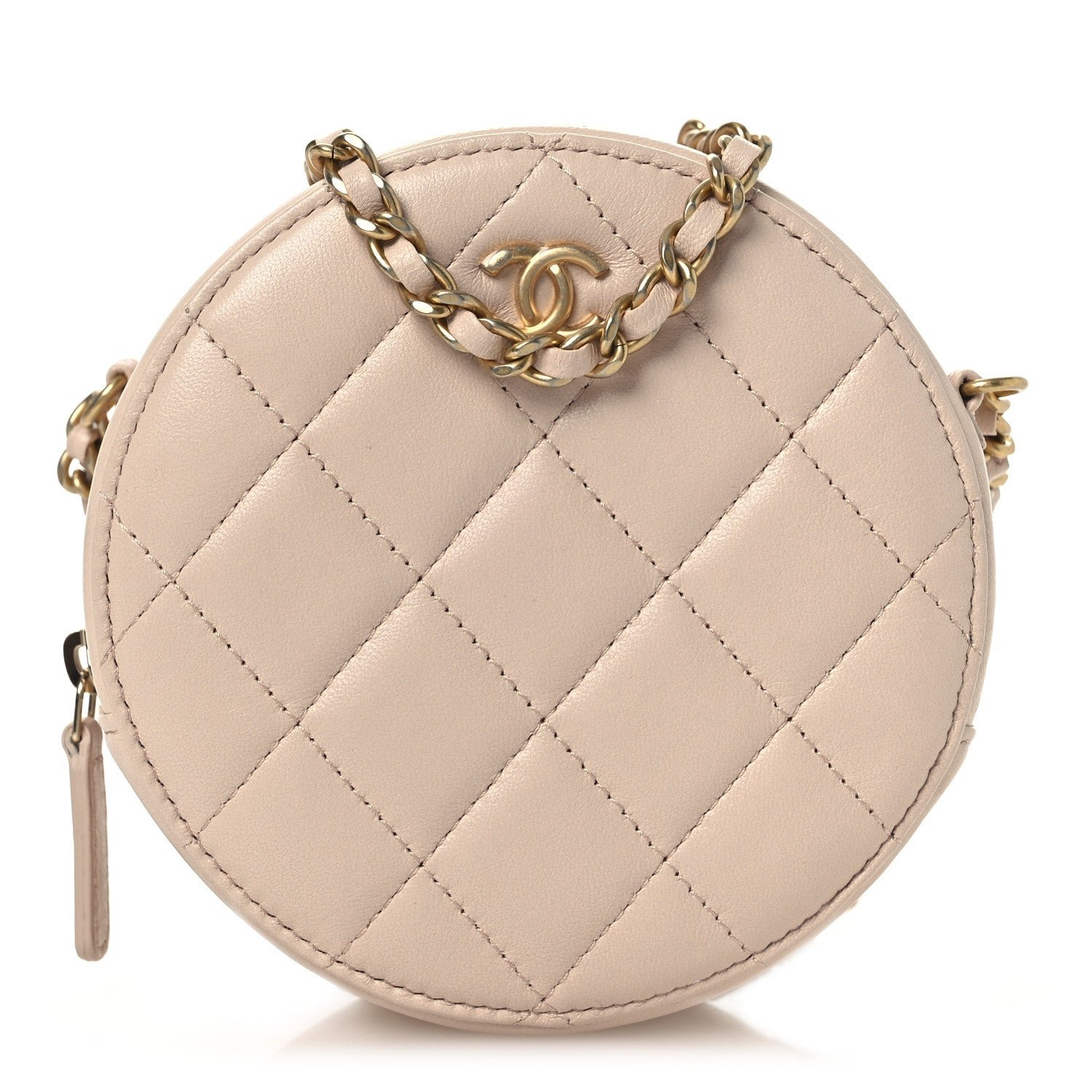 Chanel Lambskin Quilted Round Pearl Crush Clutch With Chain Pink