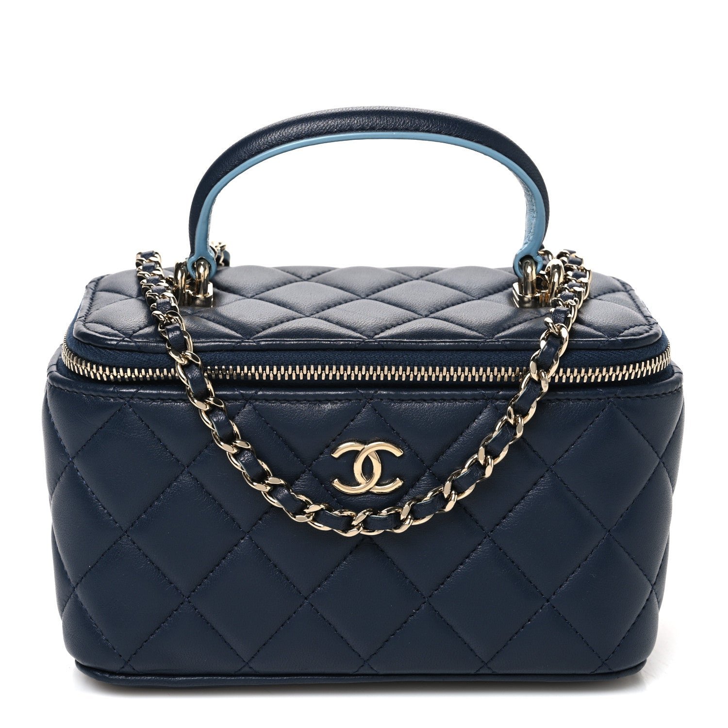 Chanel Lambskin Quilted Small Top Handle Vanity Case With Chain Dark Blue Light Blue