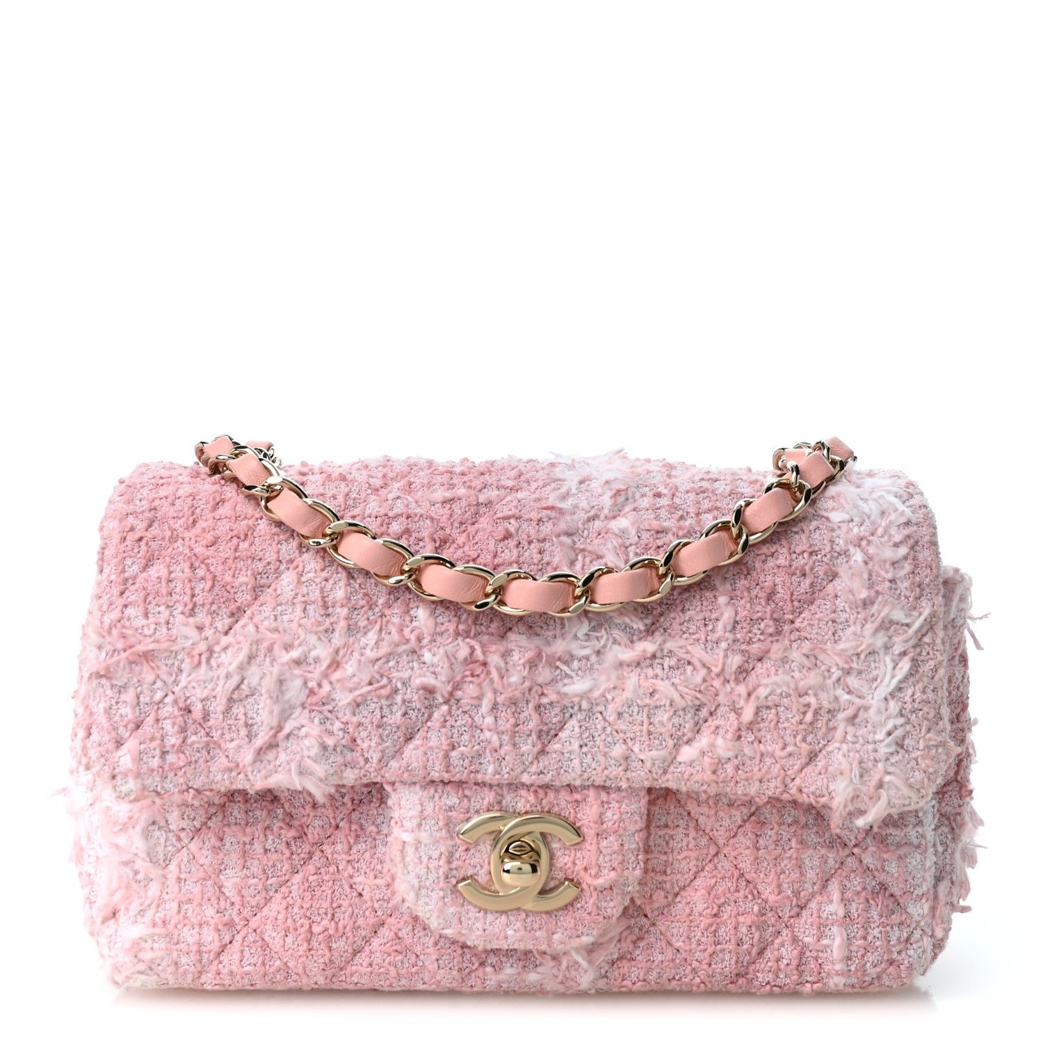 Chanel Tweed Quilted Mini Rectangular Flap Light Pink White