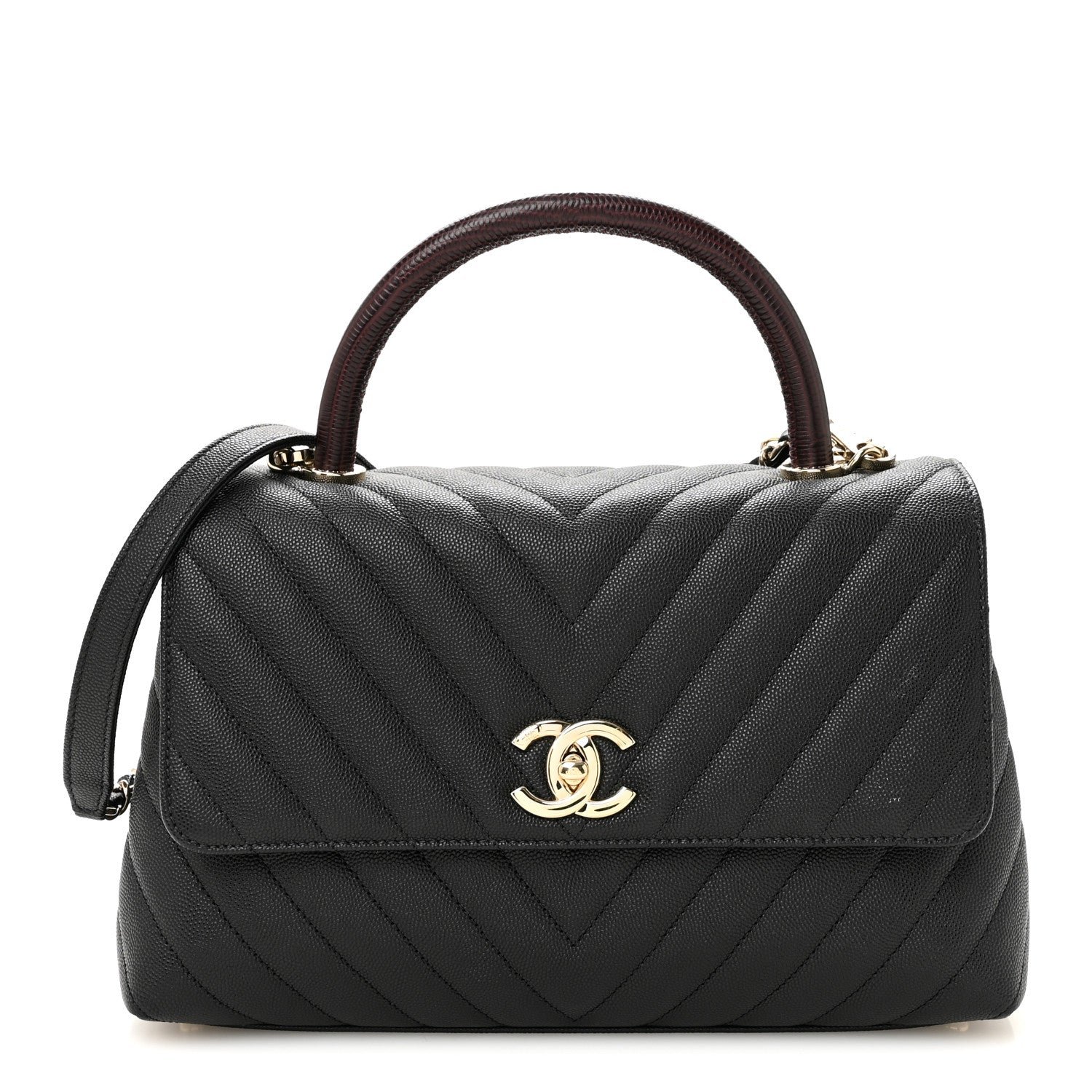 Chanel Caviar Lizard Embossed Quilted Chevron Small Coco Handle Flap Black