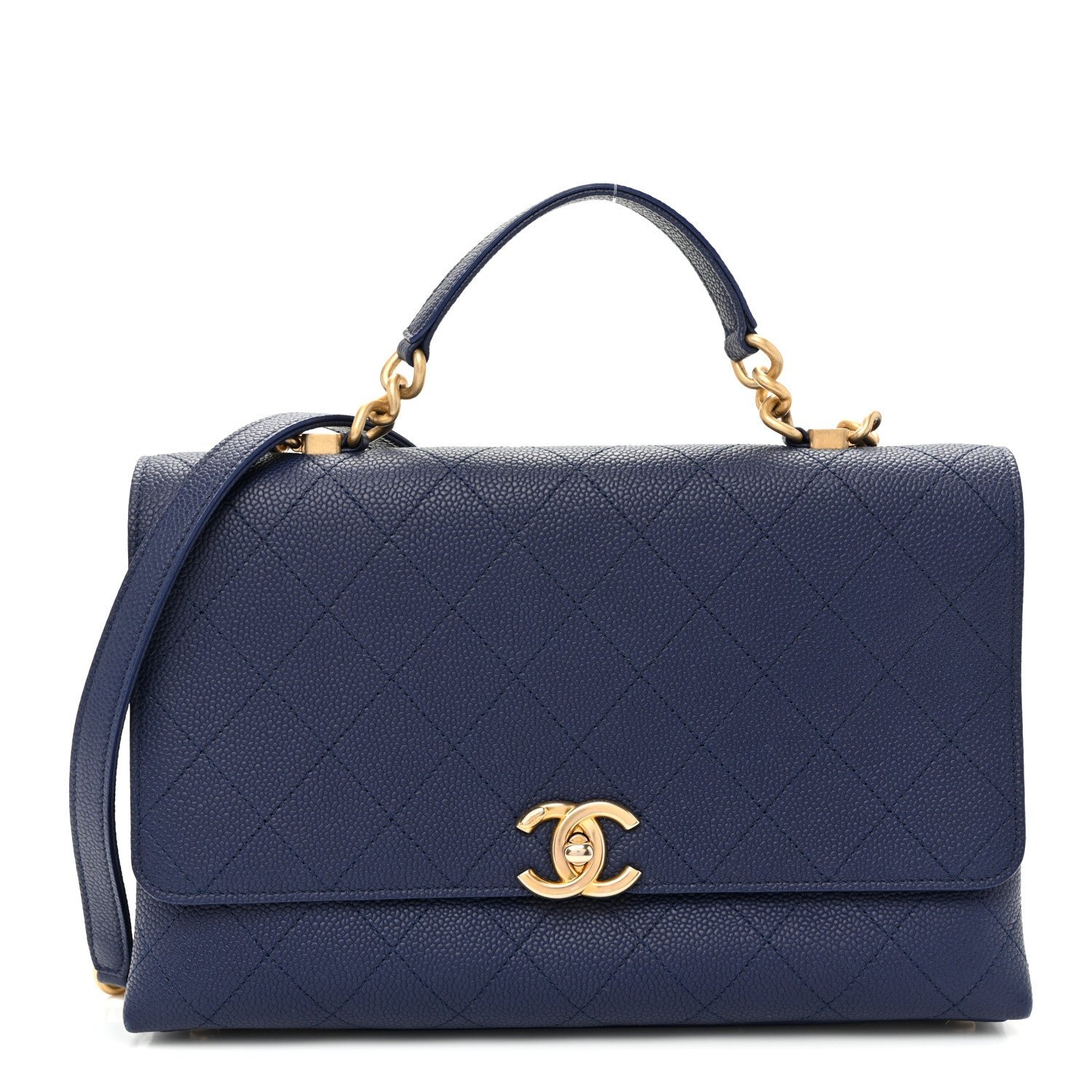 Chanel Caviar Diamond Stitched Top Handle Flap Navy