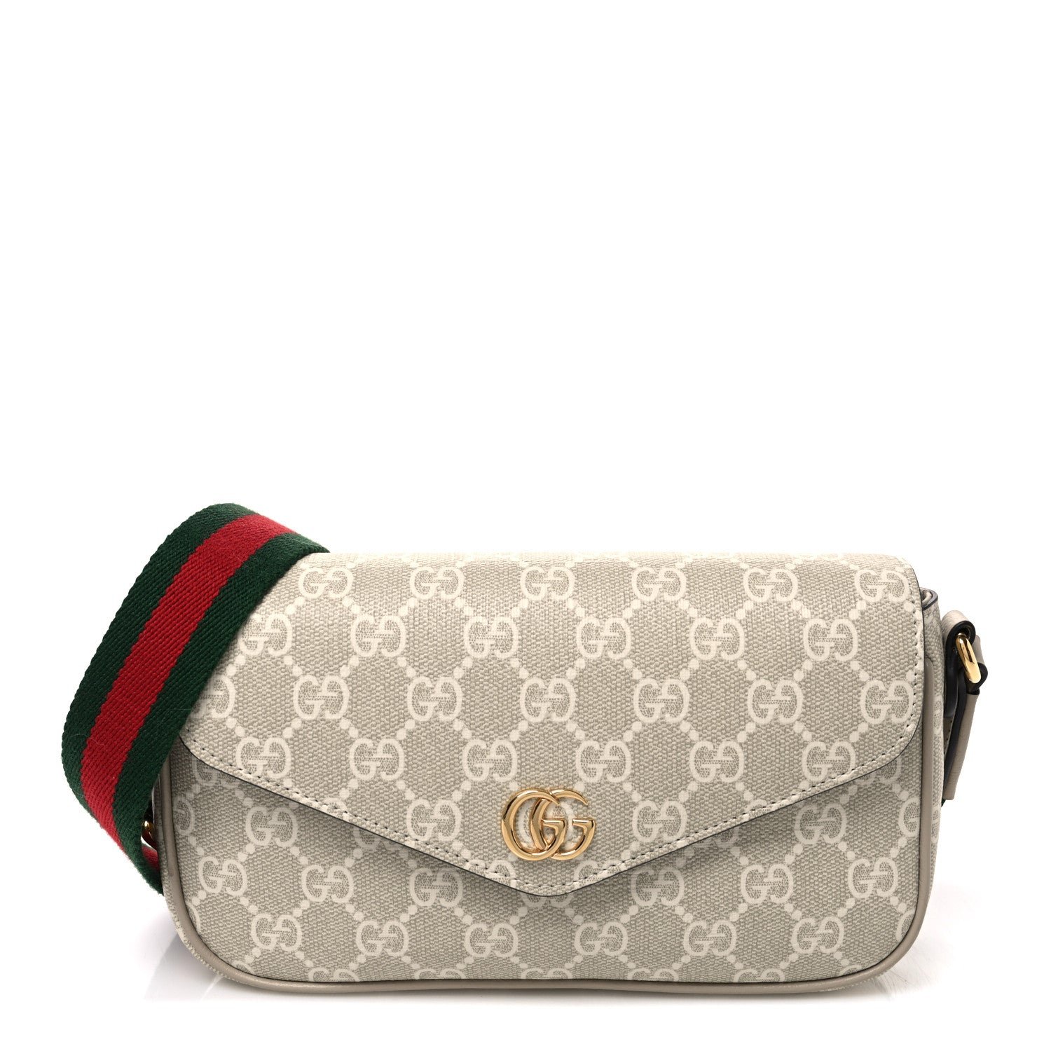 Gucci GG Supreme Monogram Textured Dollar Calfskin Web Mini Ophidia Envelope Shoulder Bag Beige Mystic White Oatmeal