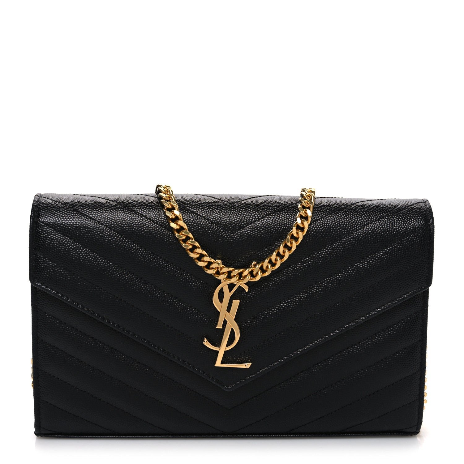 Saint Laurent Grain De Poudre Matelasse Chevron Monogram Chain Wallet Black