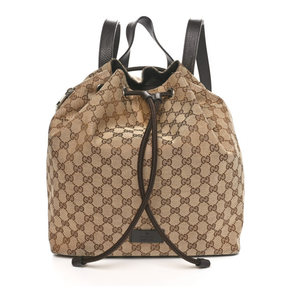 Gucci Monogram Dollar Calfskin O Drawstring Backpack Beige Ebony Testa di Moro Dark Chocolate