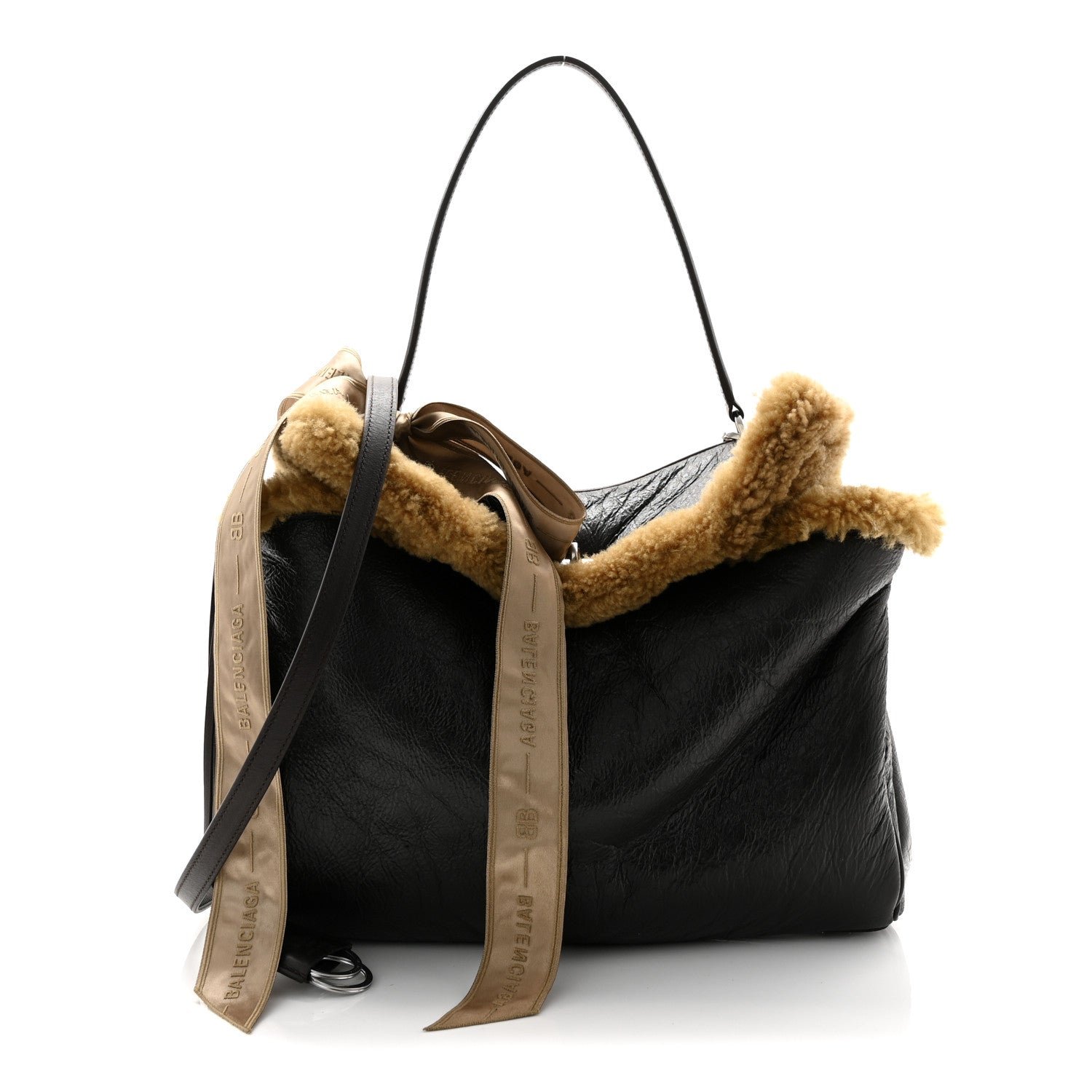 Balenciaga Crushed Calfskin Shearling Medium Rodeo Top Handle Handbag Brown Beige