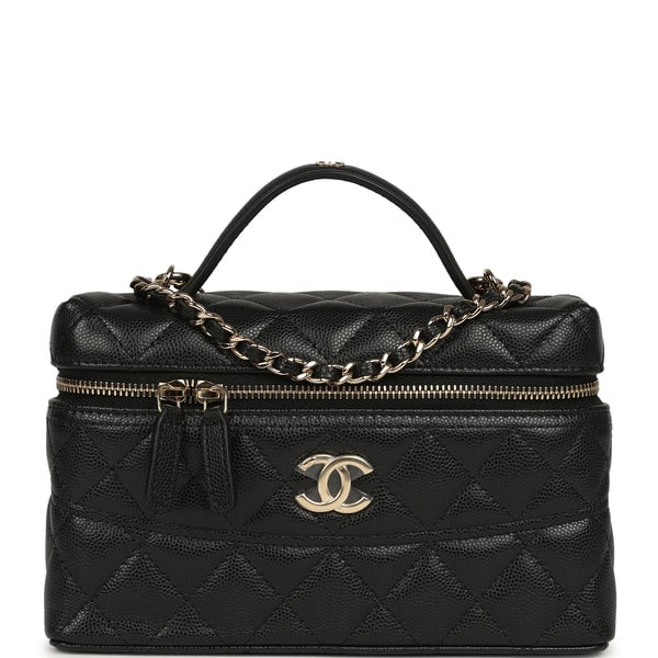 Chanel Top Handle Long Vanity Case with Chain Black Shiny Caviar Light Gold Hardware